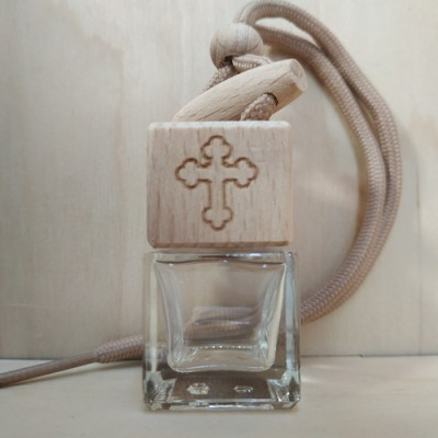 Стеклянный флакон с деревянной крышкой для автомобильного ароматизатора Православный крест